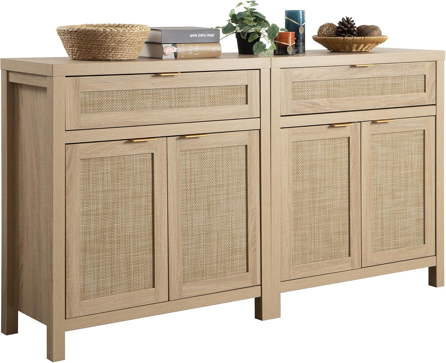 Sideboard Buffet Storage Cabinet Set of 2, Rattan Credenza Buffet Table, Boho Console Accent Cabinet with Doors and Drawer, Coffee Bar Cabinets for Kitchen Entryway Living Room, Natural1 pcs