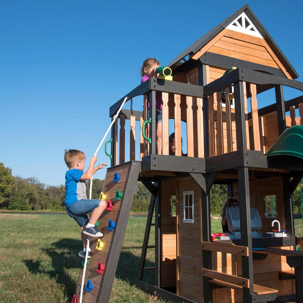 Gorge Creek Pure Pine Swing Set, Playhouse with Barbecue Grill, Plastic Utensils, Picnic Area, Steering Wheel, Double-Padded Swing, Rock Climbing Wall, Balcony, Terrace, Mesh Swing (Green Slide)1 pcs