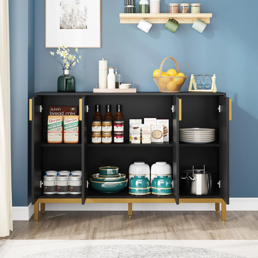 Luxury Buffet Cabinet with Storage, 59 Inch Kitchen Sideboard Cabinet with 4 Doors, Coffee Bar Cabinet Storage Cabinet for Dining Room, Living Room, Black and Gold1 pcs
