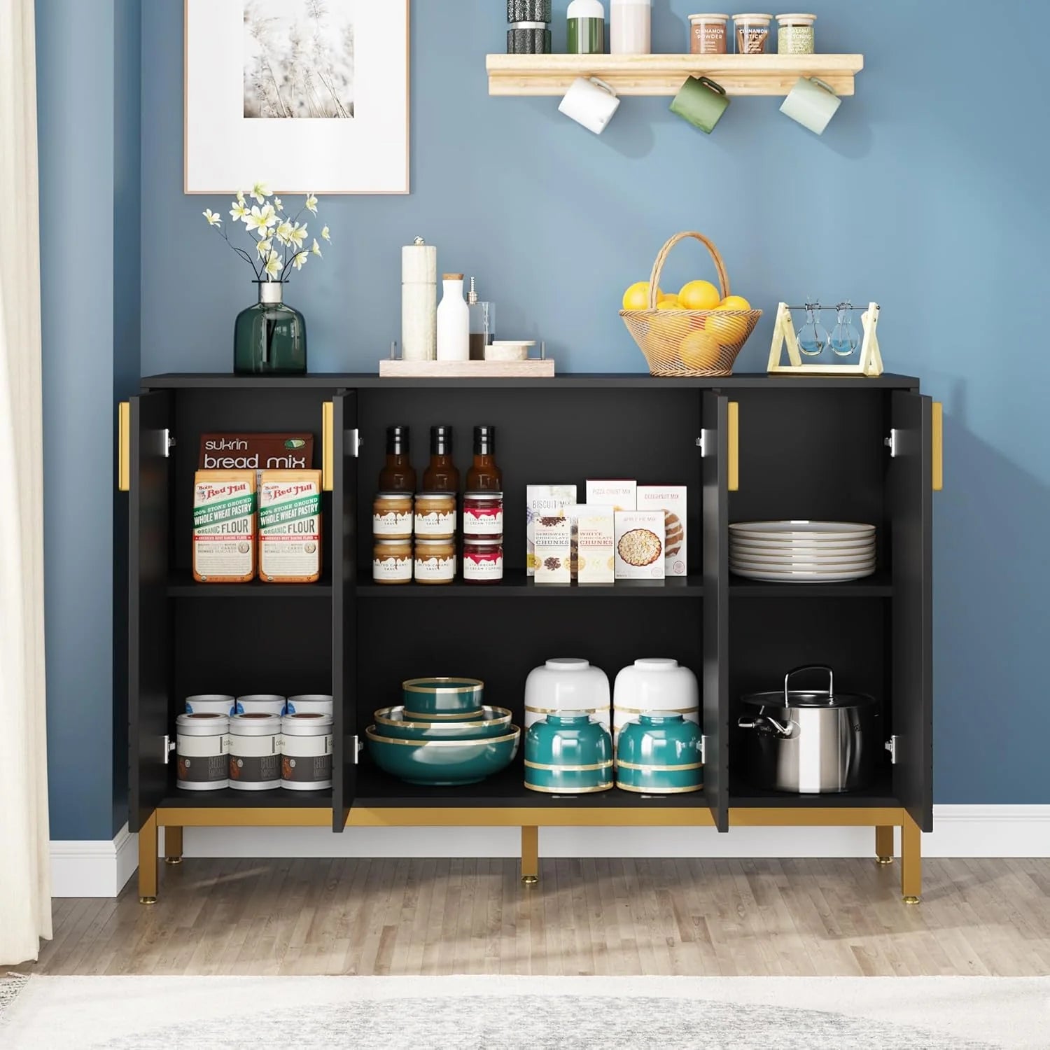 Luxury Buffet Cabinet with Storage, 59 Inch Kitchen Sideboard Cabinet with 4 Doors, Coffee Bar Cabinet Storage Cabinet for Dining Room, Living Room, Black and Gold1 pcs