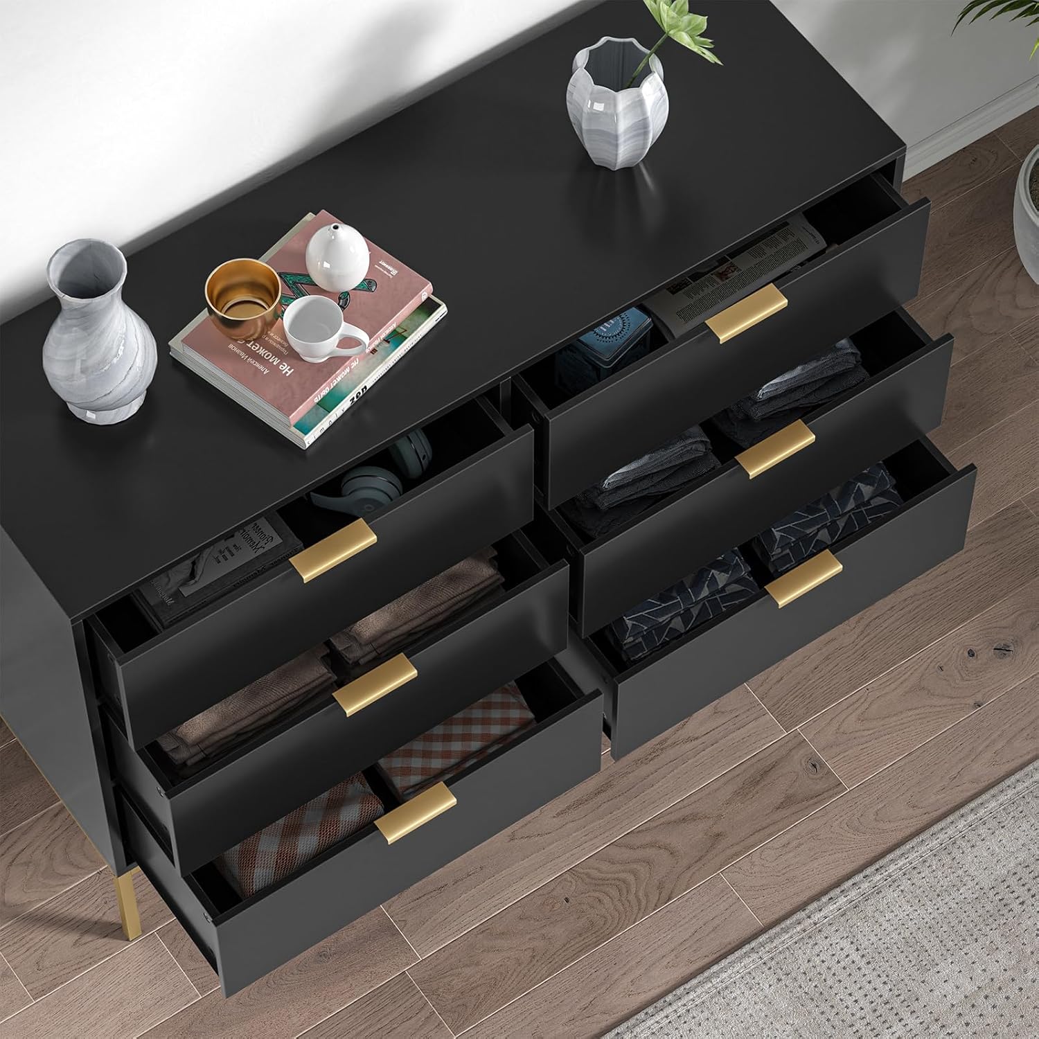 Black Dresser for Bedroom, Modern 6 Drawer Dresser, Chest of Drawers Closet Organizers and Wood Storage Clothes, White Dresser with Golden Handles for Living Room, Hallway1 pcs