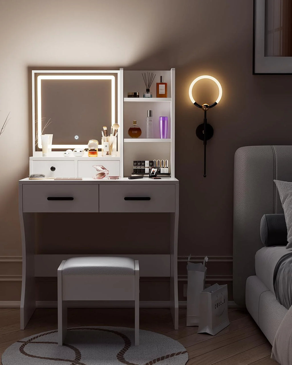 Makeup Table with Extra Large Mirror and Lights, 80cm Dressing Table with Stool1 pcs