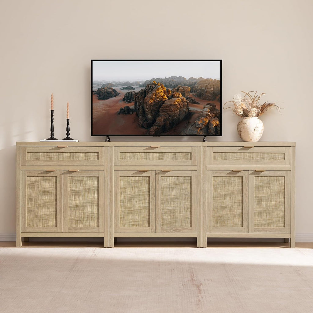 Sideboard Buffet Storage Cabinet Set of 2, Rattan Credenza Buffet Table, Boho Console Accent Cabinet with Doors and Drawer, Coffee Bar Cabinets for Kitchen Entryway Living Room, Natural1 pcs