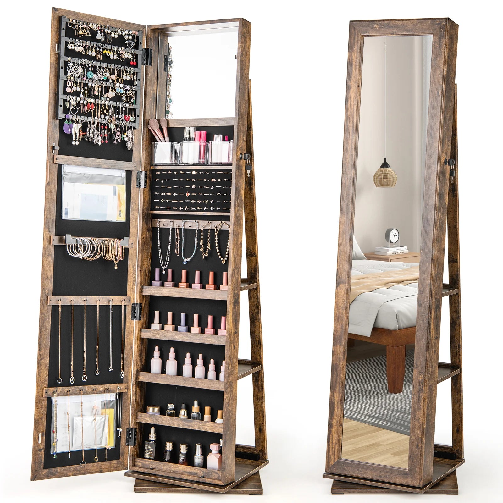 360�� Swivel Jewelry Armoire, Standing Jewelry Organizer with Full Length Mirror