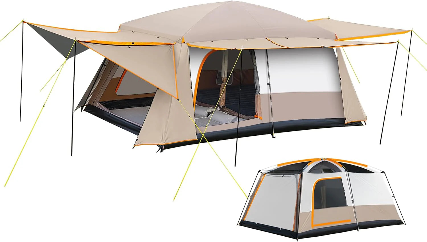 Camping Tent, 4-6 Person Family Cabin Tents, Large Waterpoof Tents for Camping Outdoor, 210D Oxford Fabric Blackout Foldable Sunburn Prevention Tent with 2 Rooms, 3 Foyers for Picnic Khaki1 pcs