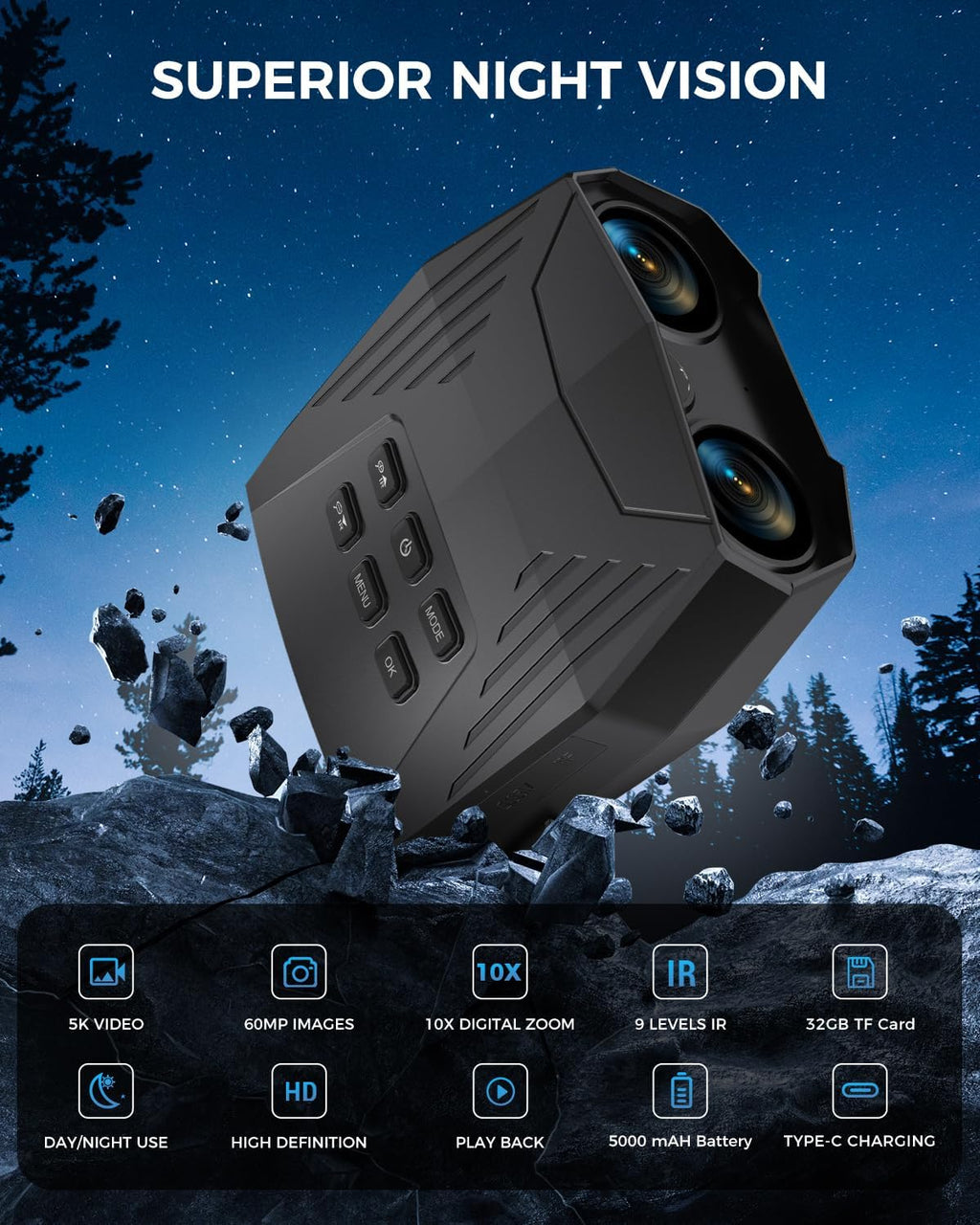 Night Vision Goggles - 5K Night Vision Binoculars for Adults, 5000mAh Rechargeable Infrared Binoculars with 3'' Large Screen, 10X Digital Zoom External Flashlight for Camping1 pcs