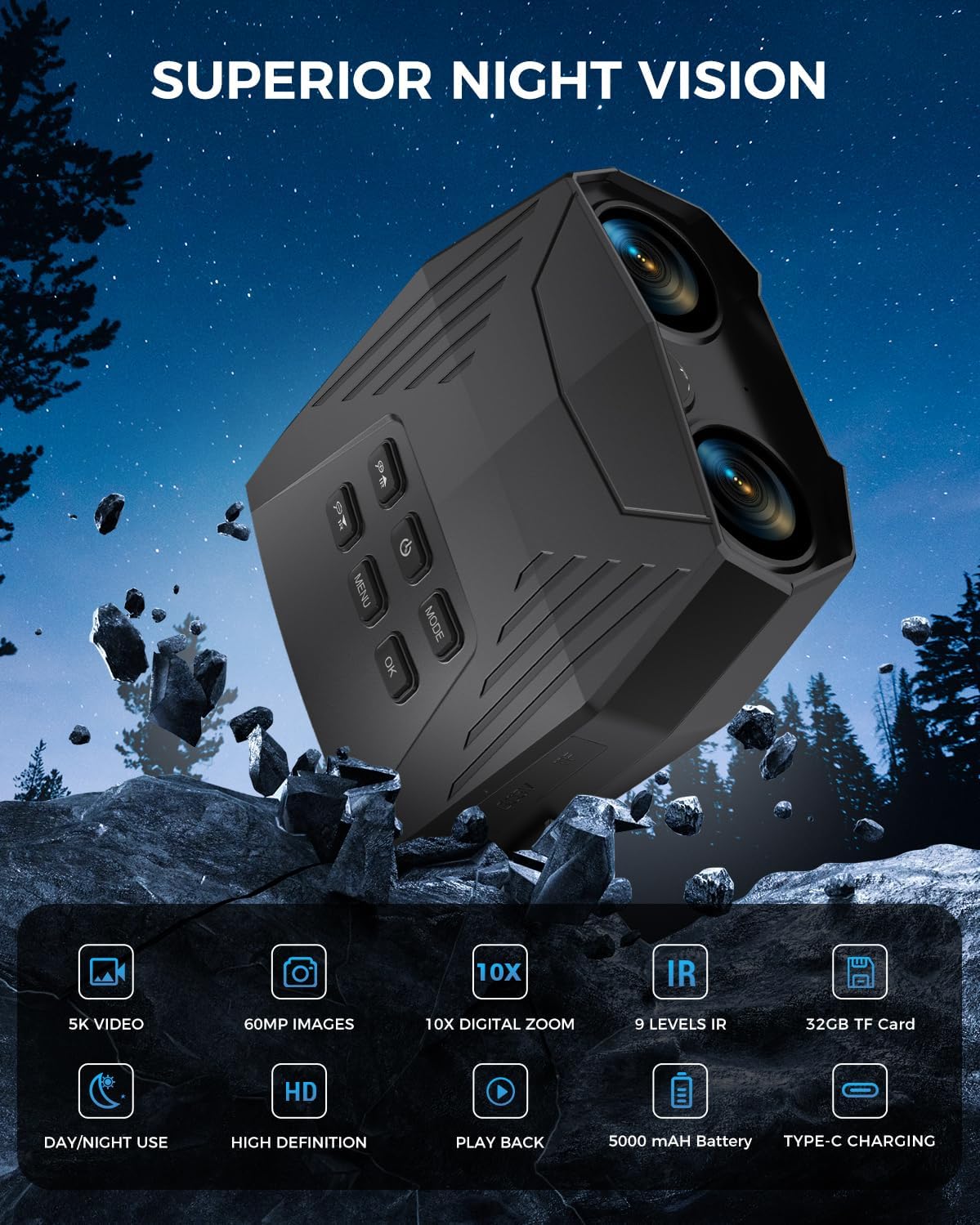 Night Vision Goggles - 5K Night Vision Binoculars for Adults, 5000mAh Rechargeable Infrared Binoculars with 3'' Large Screen, 10X Digital Zoom External Flashlight for Camping1 pcs