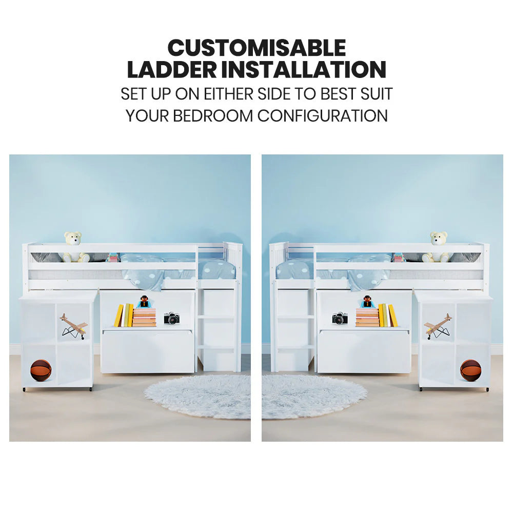 KINGSTON SLUMBER Wooden Kids Single Loft Bed Frame with Pull Out Desk, Storage Drawers - White