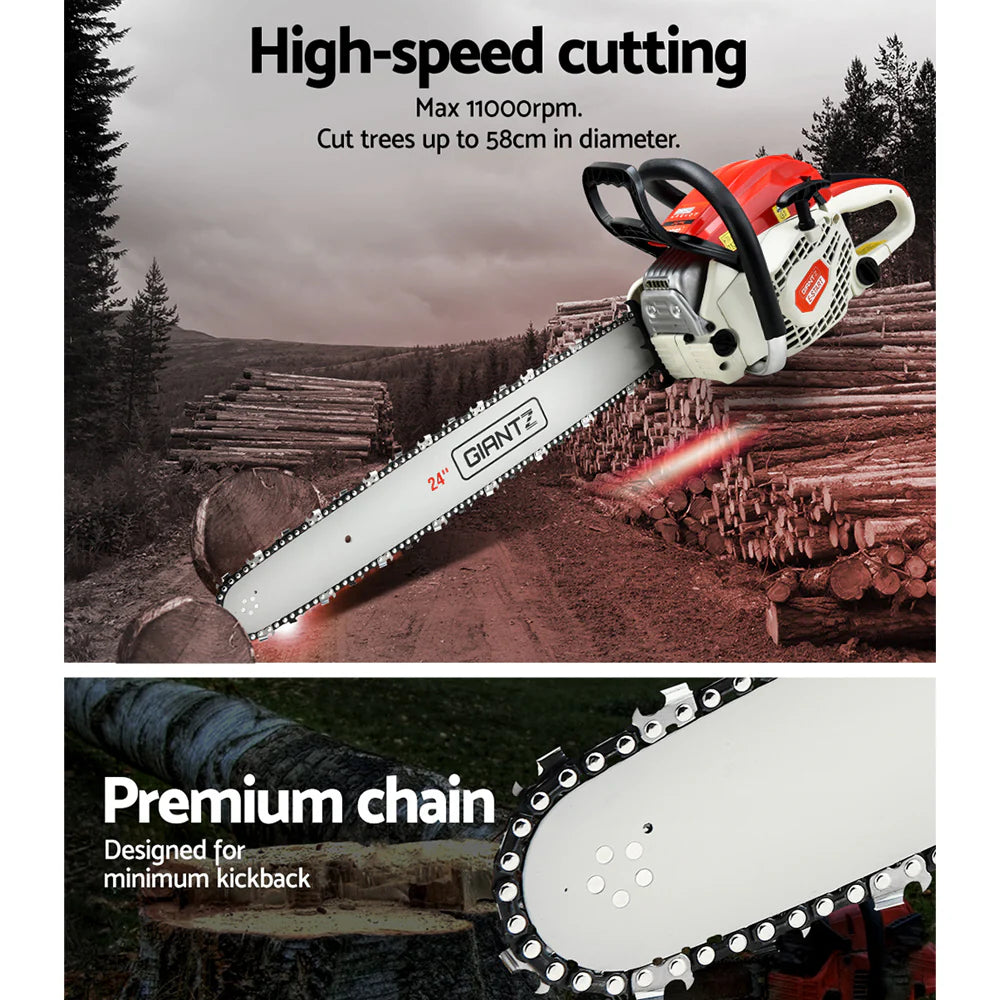 Giantz Chainsaw Petrol 92CC 24" Bar Commercial E-Start Pruning Chain Saw
