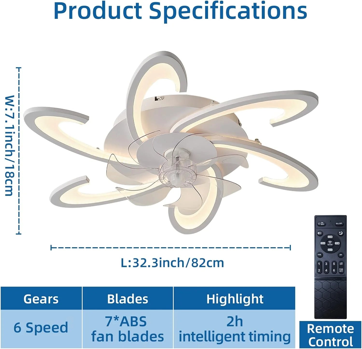 Low Ceiling Light Fan, Low Profile, 6 Wind Speed, 3 Colors 82 cm