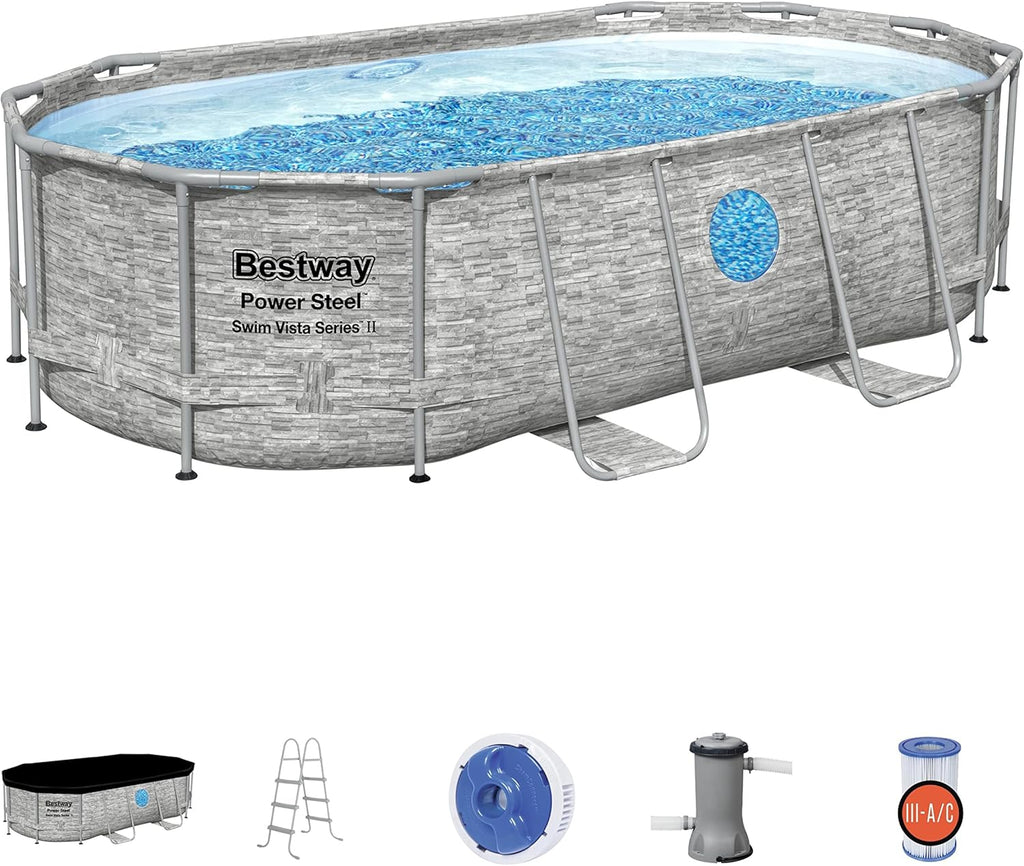 The robust steel swimming pool "Horizon Series II" - a 14 feet x 8 feet 2 inches x 39.5 inches outdoor above-ground pool package, equipped with a 530 liter/minute filtration pump, ladder and pool cover.1 pcs