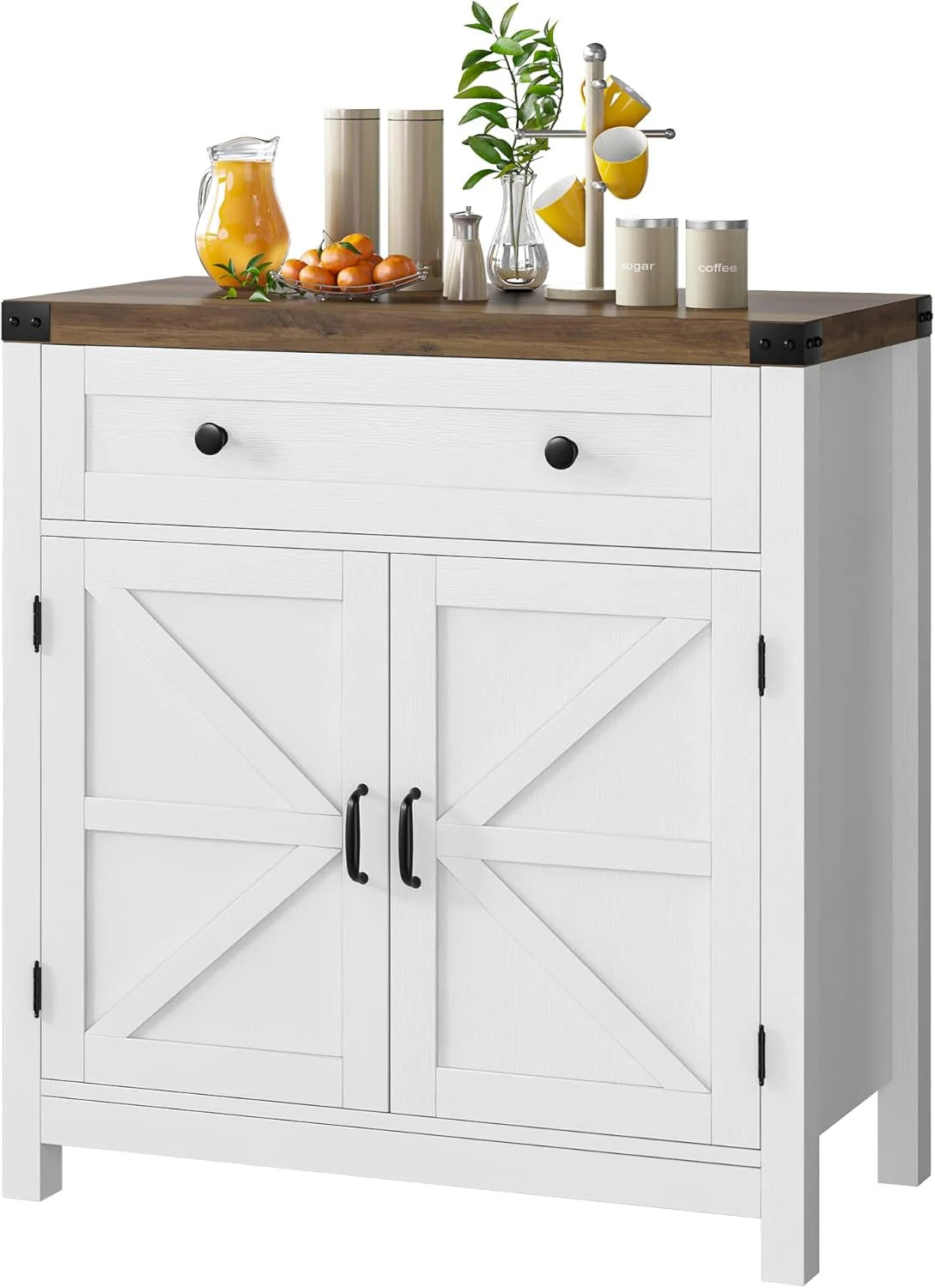 Coffee Bar Cabinet, Kitchen Storage Cabinet, Modern Farmhouse Buffet Sideboard with Drawer and Adjustable Shelf, Barn Door Accent Cabinets for Kitchen, Dining Room, Entryway, White1 pcs