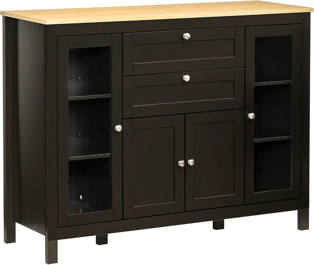 Sideboard Buffet Cabinet with 2 Drawers 3 Storage Cabinets, Coffee Bar Cabinet with Glass Doors, Kitchen Cabinet with Adjustable Shelves, Oak White1 pcs