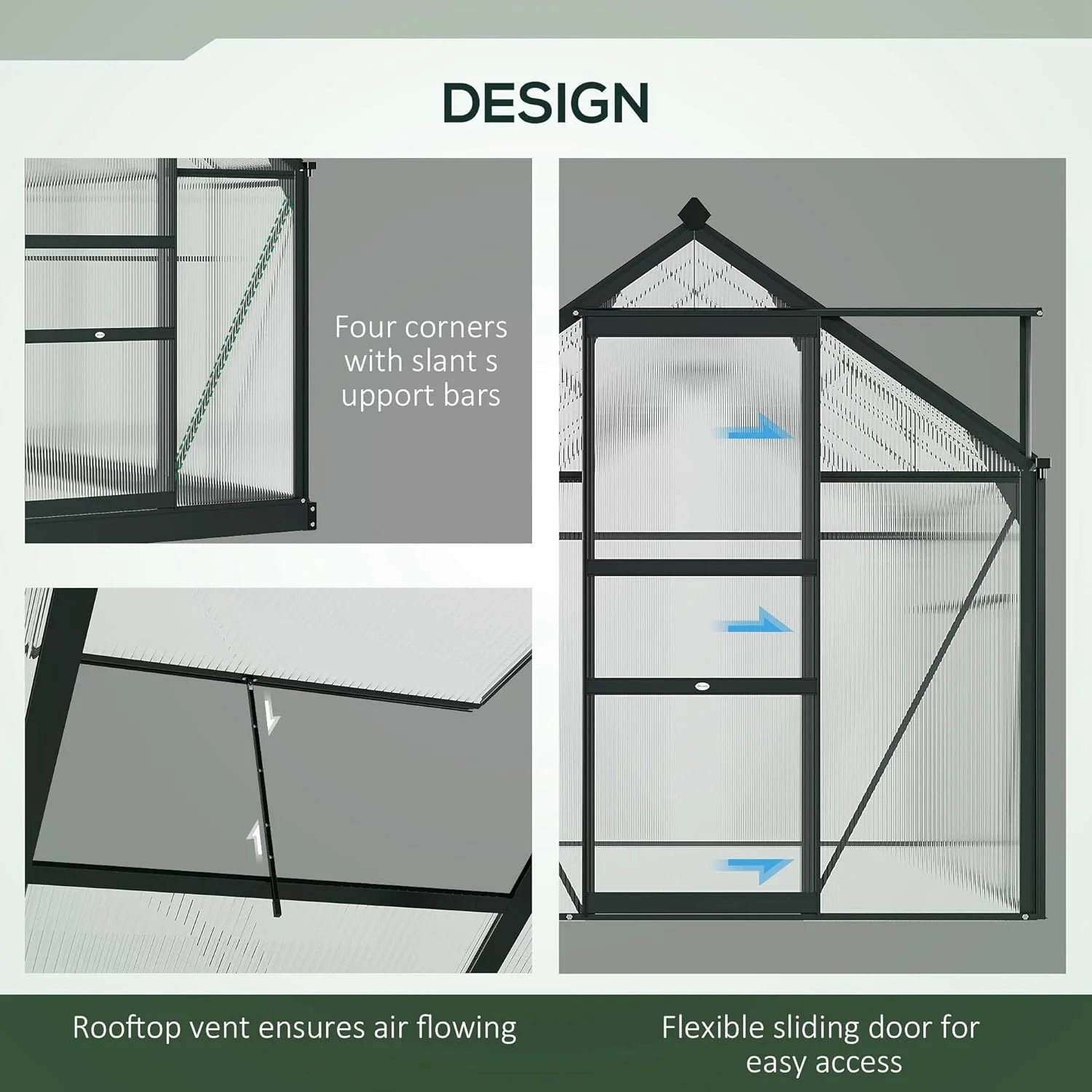 Outsunny 6' x 6' x 6.6' Polycarbonate Greenhouse, Walk-in Green House Kit Garden, Plants Grow, Galvanized Sheet Aluminum Frame with Rain Gutter, Vent and Sliding Door, Grey1 pcs