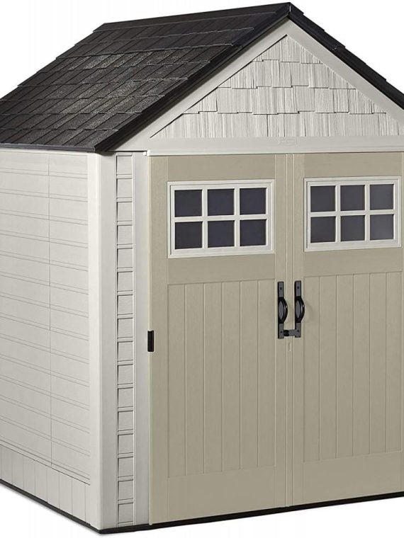 Rubbermaid 7??7 Ft Durable Weather Resistant Resin Outdoor Garden Storage Shed with Windows and Utility Hooks, Sand