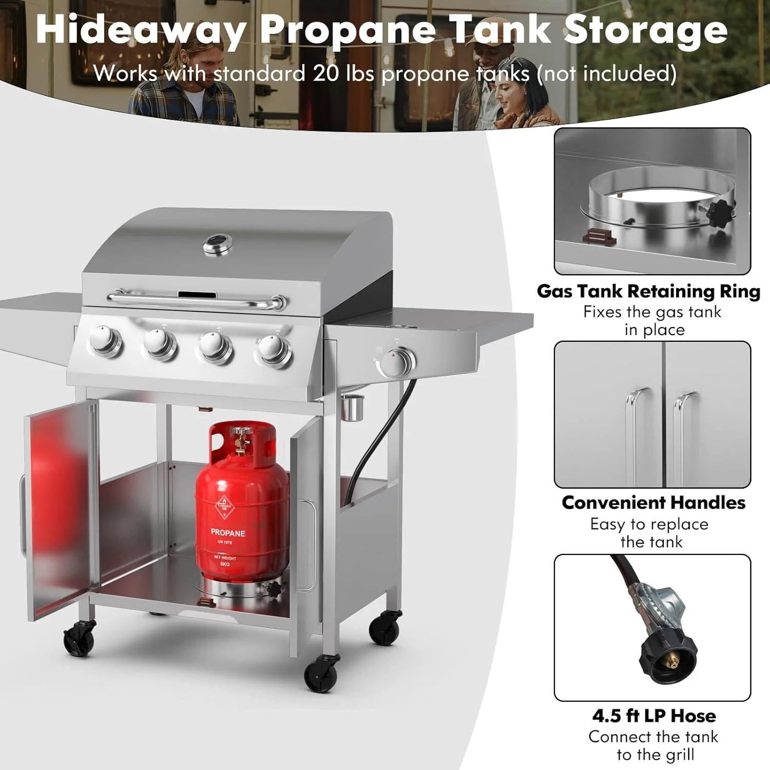 Propane Gas Grill 50,000 BTU, 4 Main Burners, 1 Side Burner, 2 Prep Tables, Stainless Steel Heavy-Duty BBQ Grill with 4 Wheels for Backyard Party Outdoor Cooking1 pcs