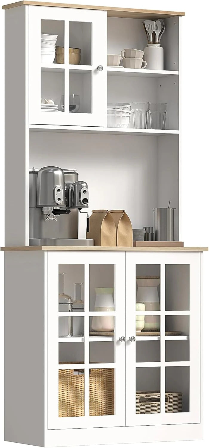 72" Kitchen Pantry with Microwave Stand, Tall Buffet Storage Cabinet with Adjustable Shelves and Glass Doors, Black1 pcs