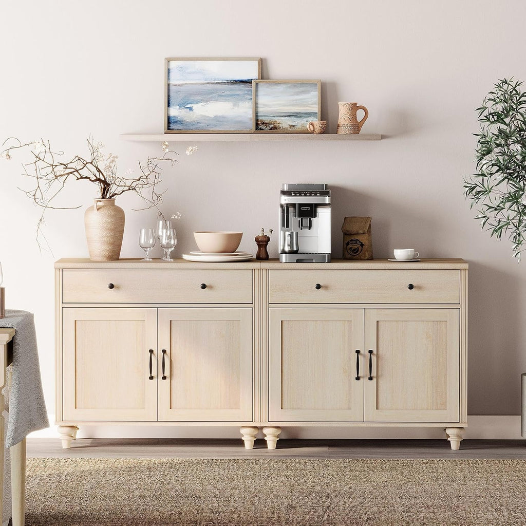Buffet Cabinet with 4 Doors and 2 Drawers, Large Coffee Bar Table Wood Kitchen Storage Cabinets with Storage Cabinets, Modern Farmhouse Sideboard Credenza for Dining Room, Off White, 68 inch1 pcs