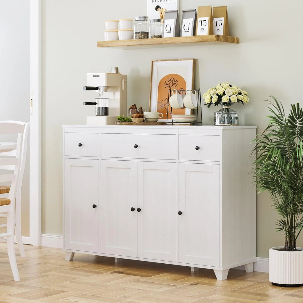 Sideboard Buffet Cabinet with Storage, 47" Kitchen Storage Cabinet with 3 Drawers, 4 Doors & Adjustable Shelves, Modern Coffee Bar Cabinet Wood Accent Cupboard for Dining Living Room, White1 pcs