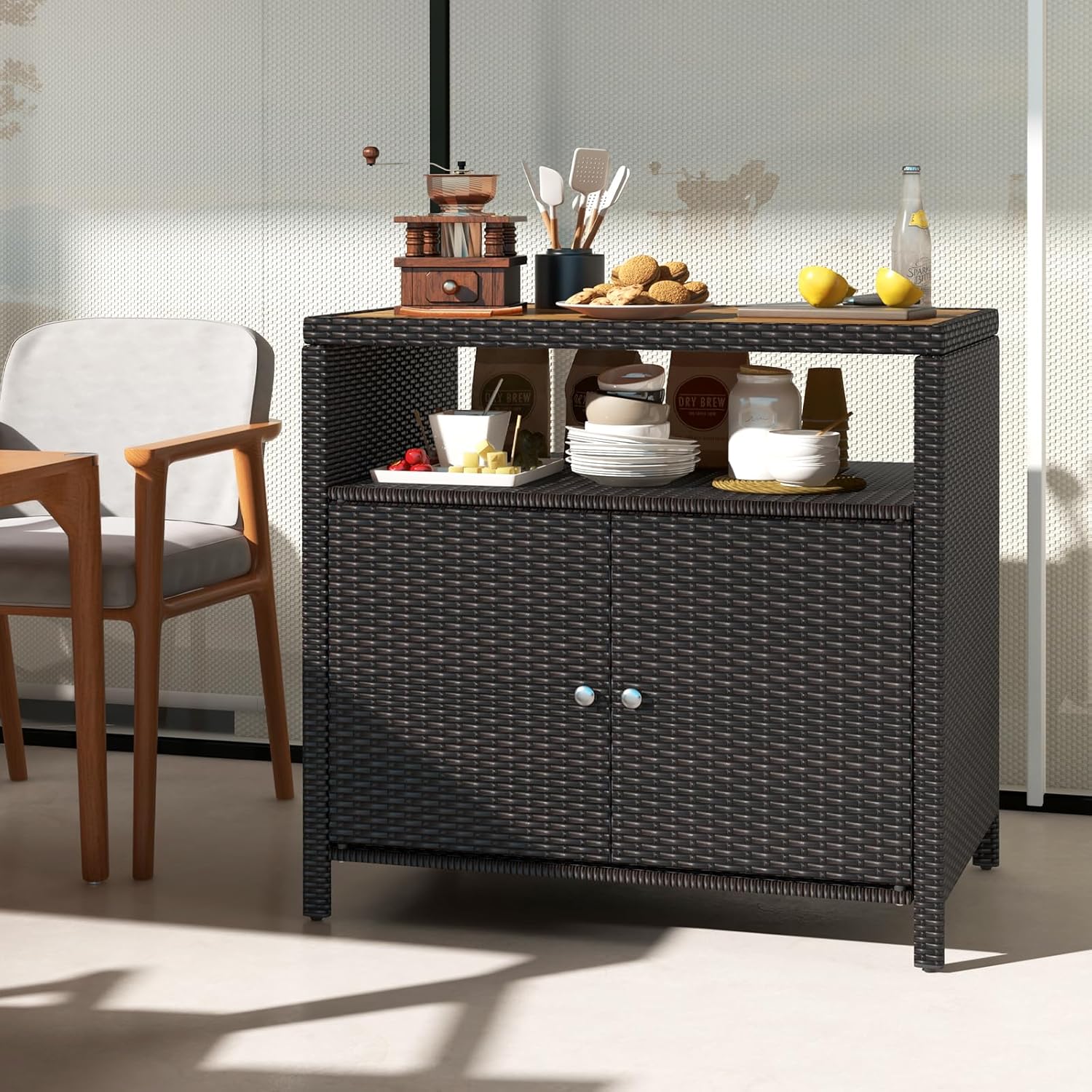 Rattan Storage Cabinet, Patio Sideboard Buffet Cabinet with Acacia Wood Countertop, Open Shelf & 2 Door Cabinet, Wicker Storage Organizer for Garden Tools (Mixed Brown)1 pcs