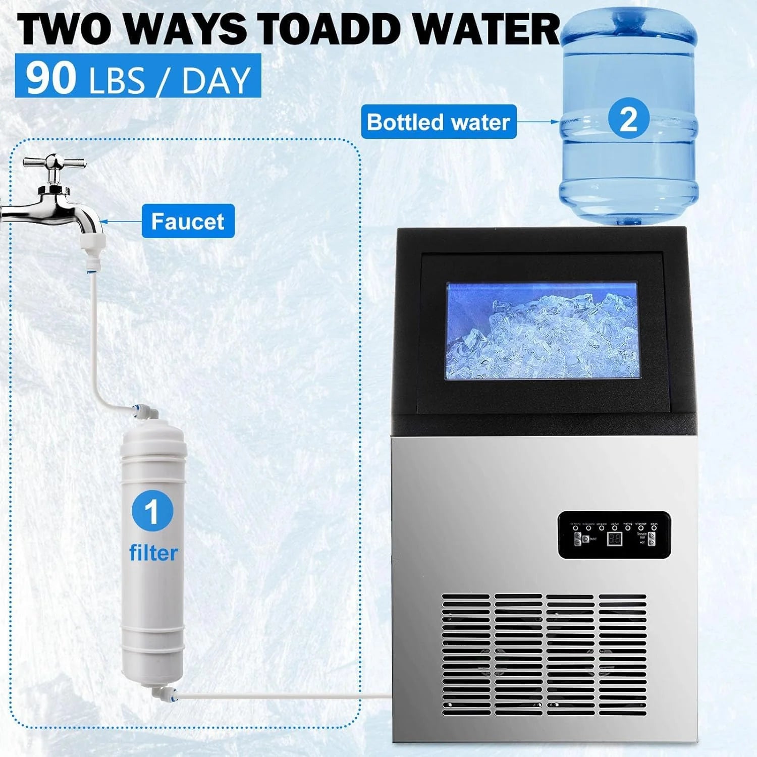 Commercial Ice Maker Machine, 90lbs/24H Ice Maker Machine with 33LBS Storage Bin, Stainless Steel Freestanding Ice Machine, Tap Water & Top Loading Under Counter ice Machine for Restaurant1 pcs