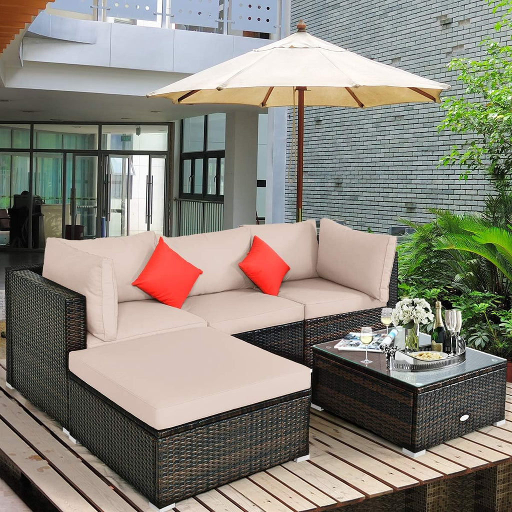 5 pieces of outdoor patio furniture, L-shaped rattan three-seater sofa with tempered glass coffee table, footstool, 3 single chairs, rattan outdoor party set, suitable for backyard, porch, balcony, black version1 pcs