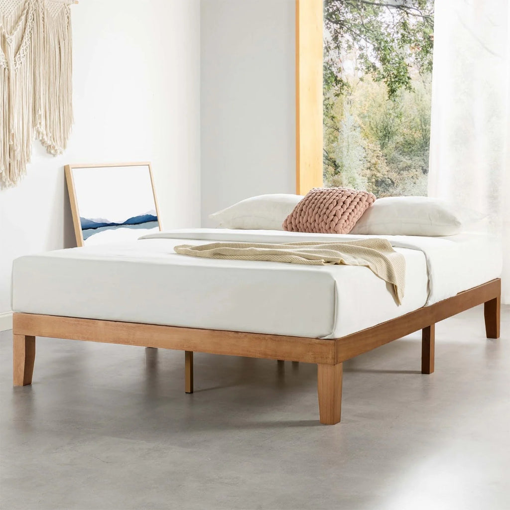 12" Classic Solid Wood Platform Bed Frame w/Wooden Slats (No Box Spring Needed), Natural, Queen Size1 pcs