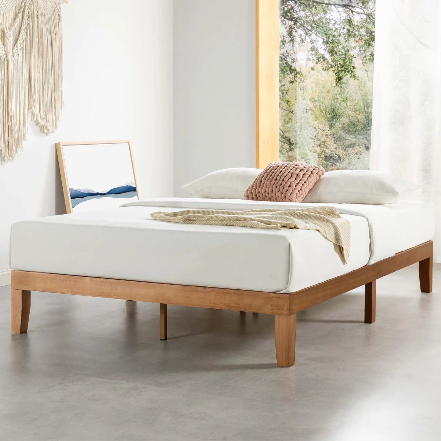 12" Classic Solid Wood Platform Bed Frame w/Wooden Slats (No Box Spring Needed), Natural, Queen Size1 pcs