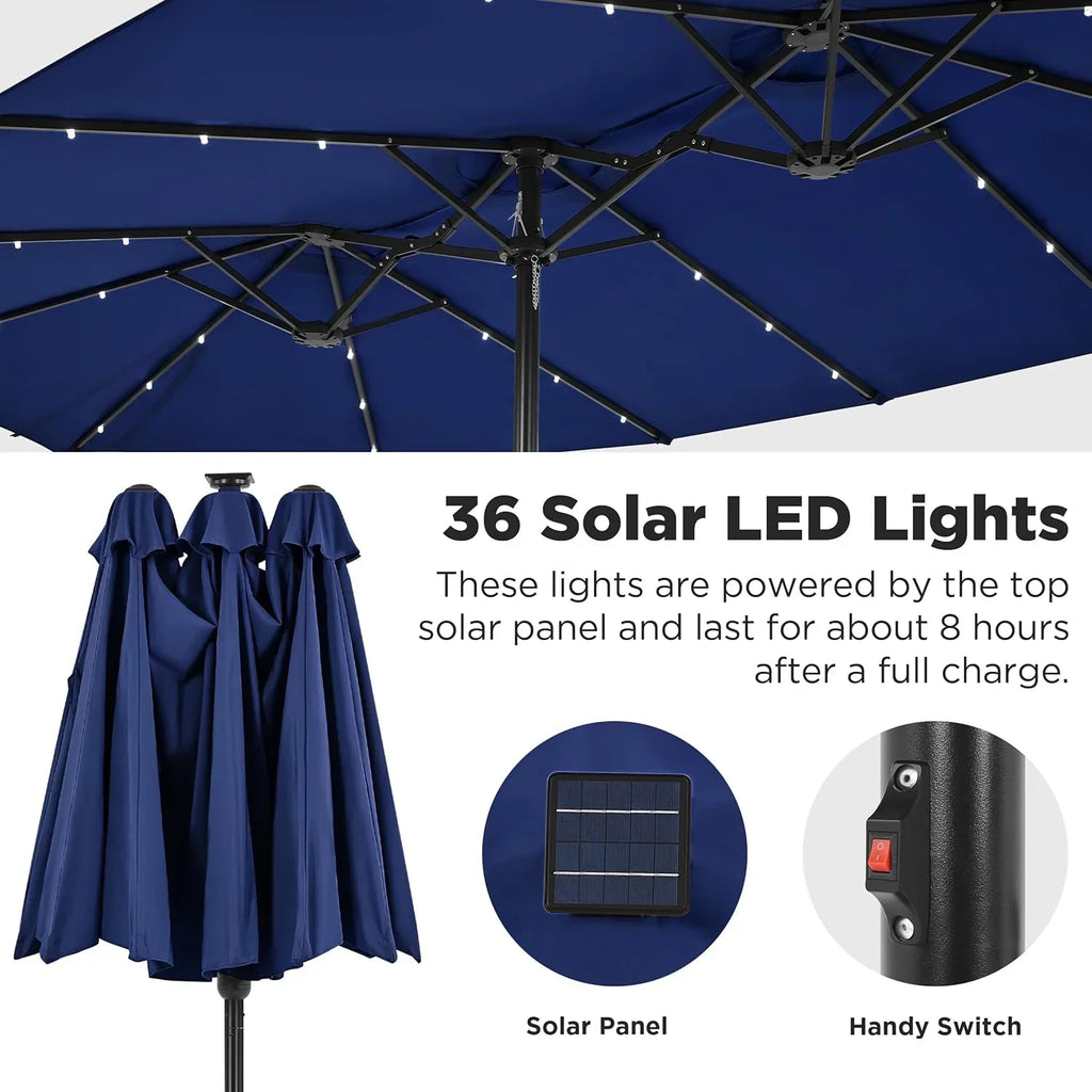 15 ft Large Patio Umbrella with Solar Lights Double-Sided Outdoor Rectangle Market Umbrellas with 36 LED Lights/Base Included/Easy Crank for Patio Garden Yard Pool Lawn, Brown