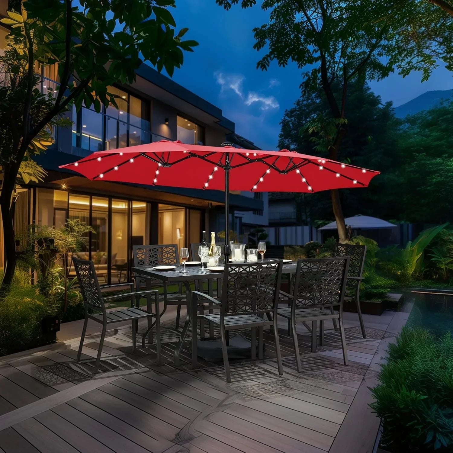 15 ft Large Patio Umbrella with Solar Lights Double-Sided Outdoor Rectangle Market Umbrellas with 36 LED Lights/Base Included/Easy Crank for Patio Garden Yard Pool Lawn, Brown