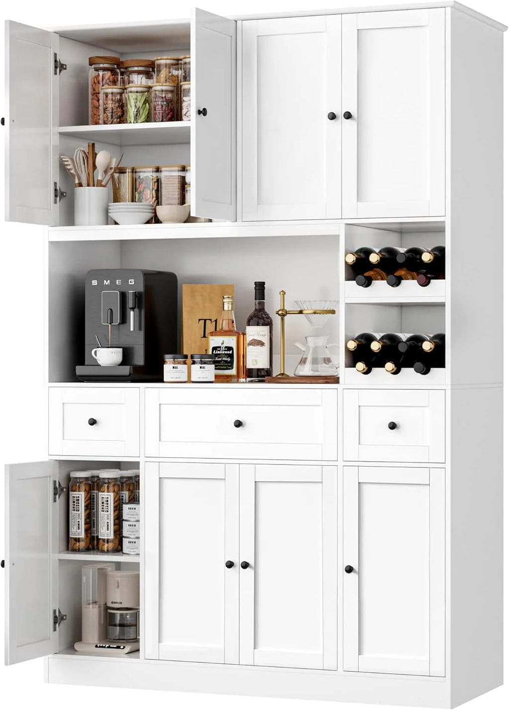 72" Tall Kitchen Pantry with Wine Rack, Pantry Cabinet with Microwave Stand, Large Hutch with Ample Storage, Hutch Cabinet for Kitchen, Dining, Living Room, White1 pcs