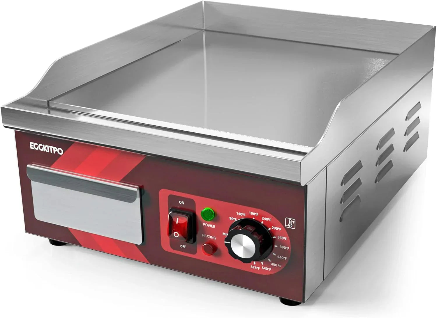 14 Inch Electric Griddle, Non-Stick Flat Top Grill Commercial Electric Countertop Griddles Stainless Steel Adjustable Temperature Control 90掳F-575掳F for Home or Restaurant Use