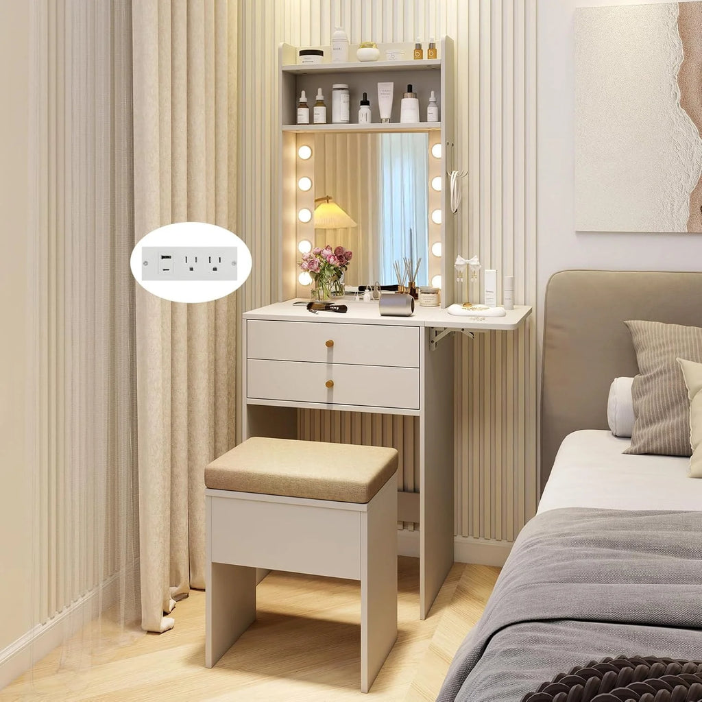 Small Vanity Desk with Mirror and Lights, Makeup Vanity Table with Charging Station, Drawers, Shelves, Foldable Side Table, Compact Dressing Table with Storage Chair for Small Space (White)1 pcs