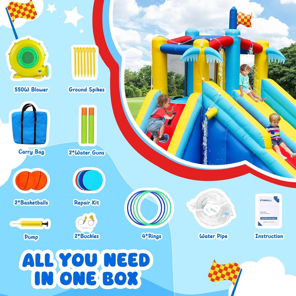 Inflatable Water Slide Bounce House with 550 W Blower, 8-in-1 Blow up Bouncy Castle Waterslide Park for Kids Outdoor and Indoor, Bouncer House with Large Pool, Double Slides and Climbing Walls1 pcs