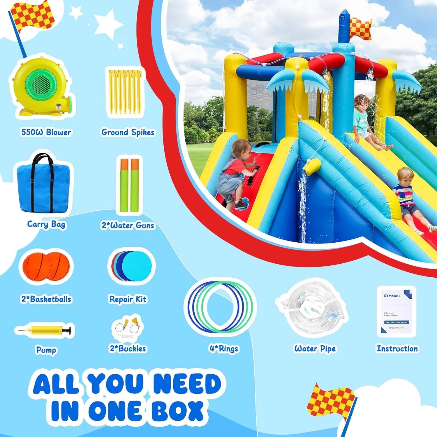 Inflatable Water Slide Bounce House with 550 W Blower, 8-in-1 Blow up Bouncy Castle Waterslide Park for Kids Outdoor and Indoor, Bouncer House with Large Pool, Double Slides and Climbing Walls1 pcs