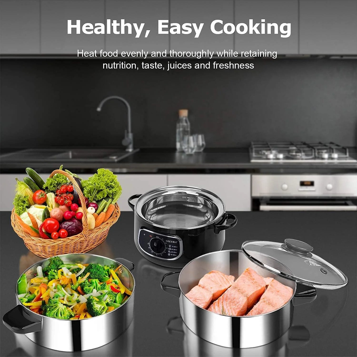 2 stainless steel food steamers, 8.5 liters capacity, electric glass-covered vegetable steamer, double-layer stackable steaming basket, with timer included1 pcs