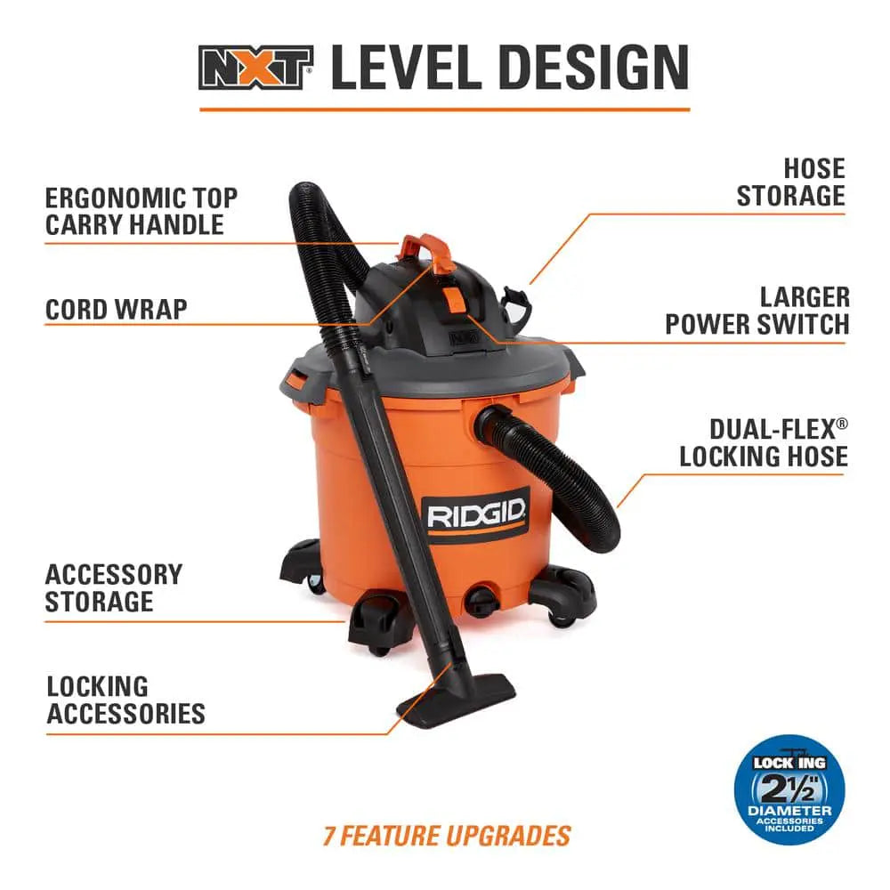 16 Gallon 5.0 Peak HP NXT Wet/Dry Shop Vacuum with Filter, Locking Hose and Accessories HD1640