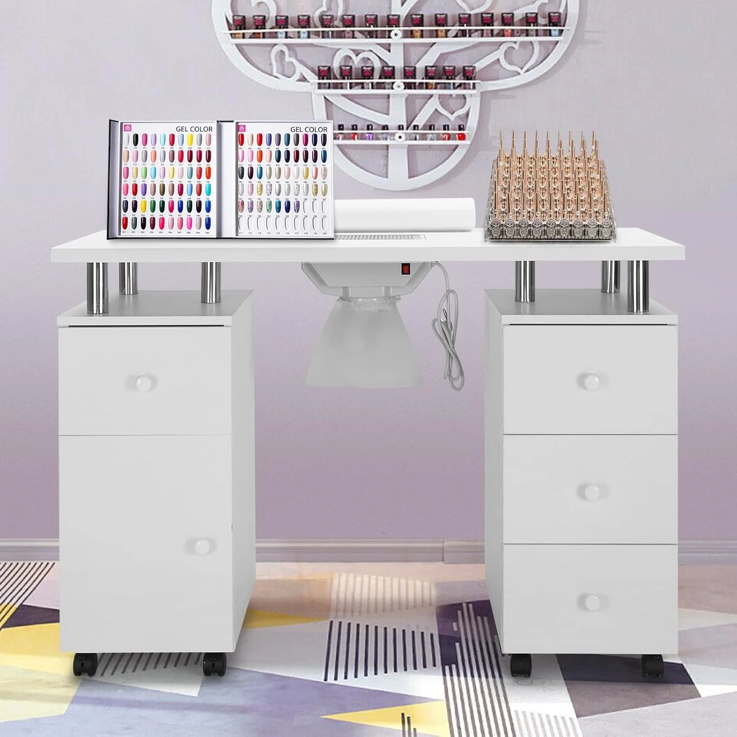 Manicure Table Nail Desk for Nail Tech w/Electric Dust Collector & Wrist Rest, Acetone Resistant Top Beauty Salon Nail Supplies Decor Station w/Lockable Wheels, Cabinet, Drawer (White)1 pcs