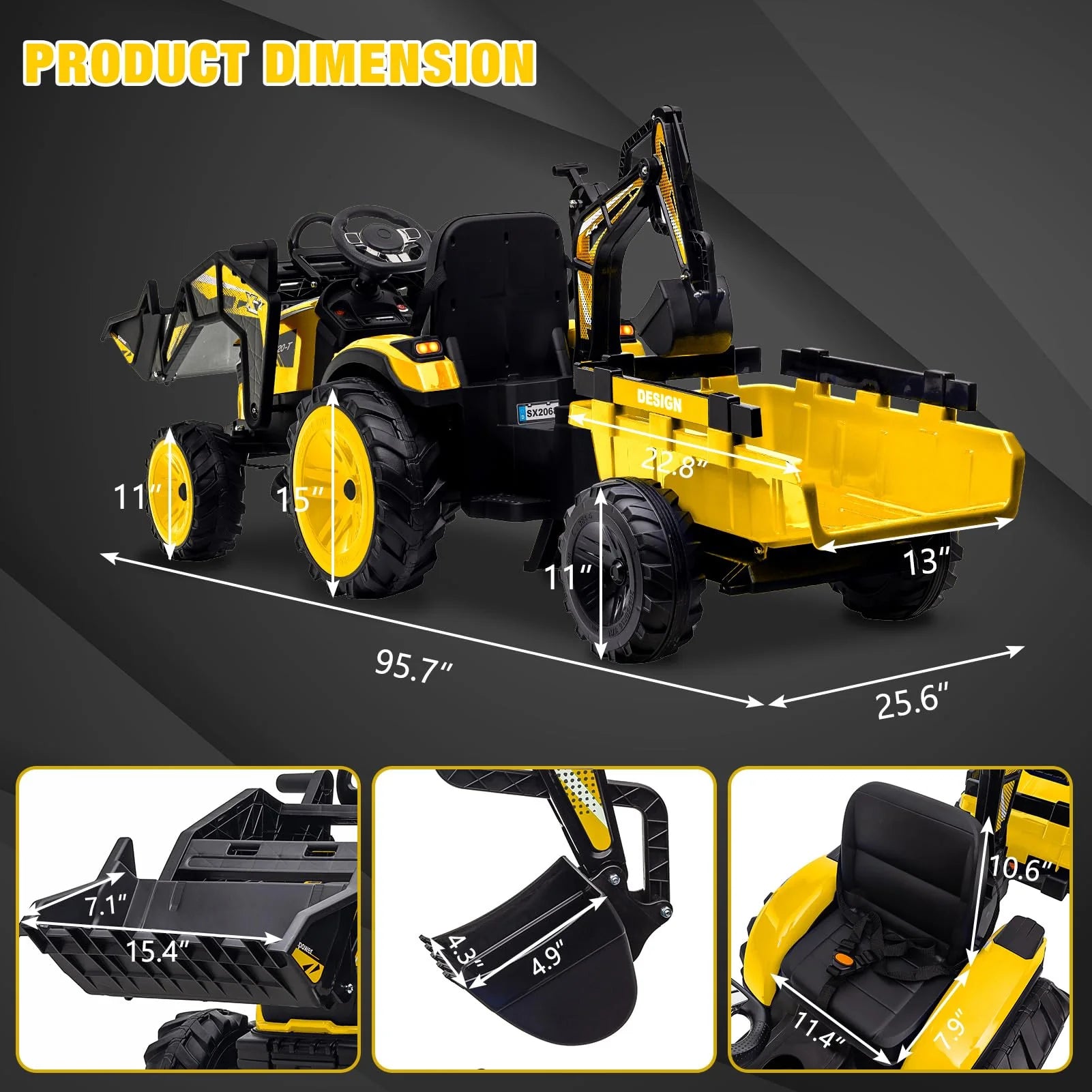 3-in-1 Ride-On Tractor, 24V Electric, Excavator & Bulldozer, Remote Control, LED, Music, USB/Bluetooth max 66 lbs �� Bright-yellow
