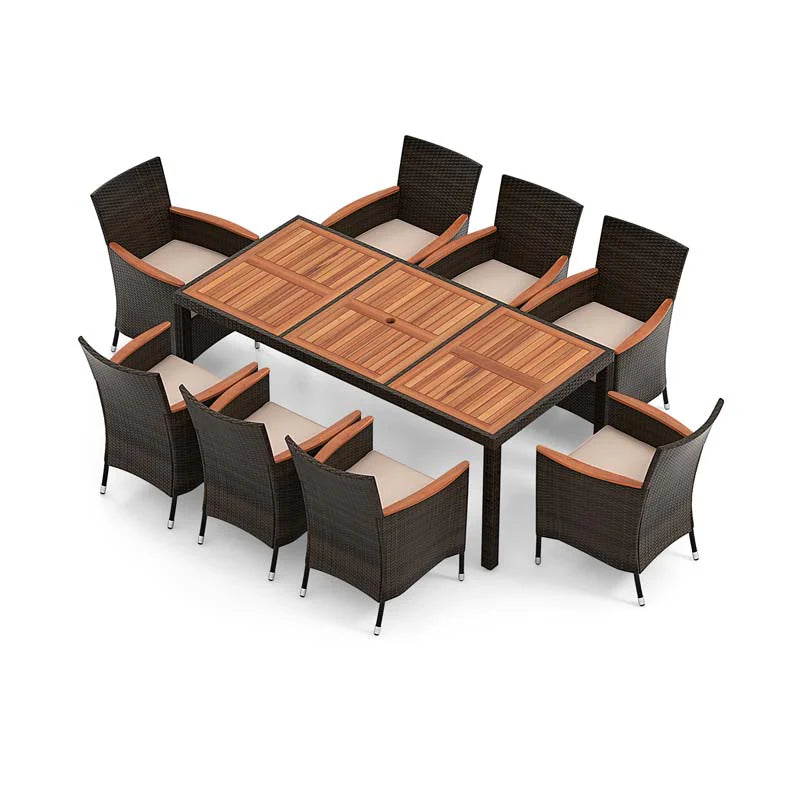 10Pcs Patio Rattan Dining Set with 15FT Double-Sided Umbrella, Heavy Duty Acacia Wood Table & Stackable Wicker Chairs