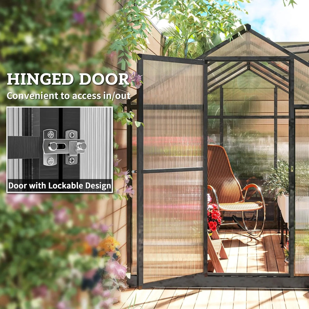 6' x 8' x 6.4' Polycarbonate Greenhouse, Aluminum Walk-in Green House Kit Garden, Plants Grow with Rain Gutter and Roof Vent1 pcs