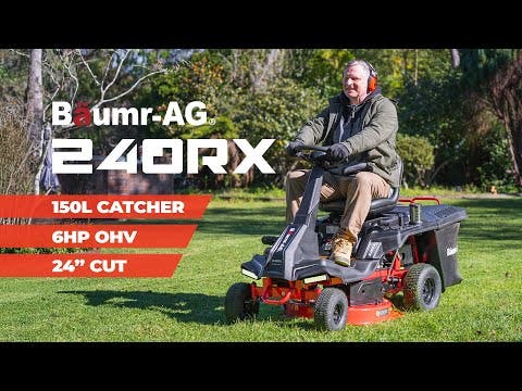 BAUMR-AG 24" Ride On Lawn Mower, Lithium Electric Start System, 6HP 224cc, 5 Cut Heights, Catcher and Mulch Kit
