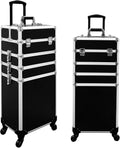 4 in 1 Professional Rolling Aluminum Cosmetic Makeup Train Organizer Storage Case Artist Train Case Salon Beauty Cosmetic Jewelry Organizer Trolley with 4 Wheels (All Black)1 pcs