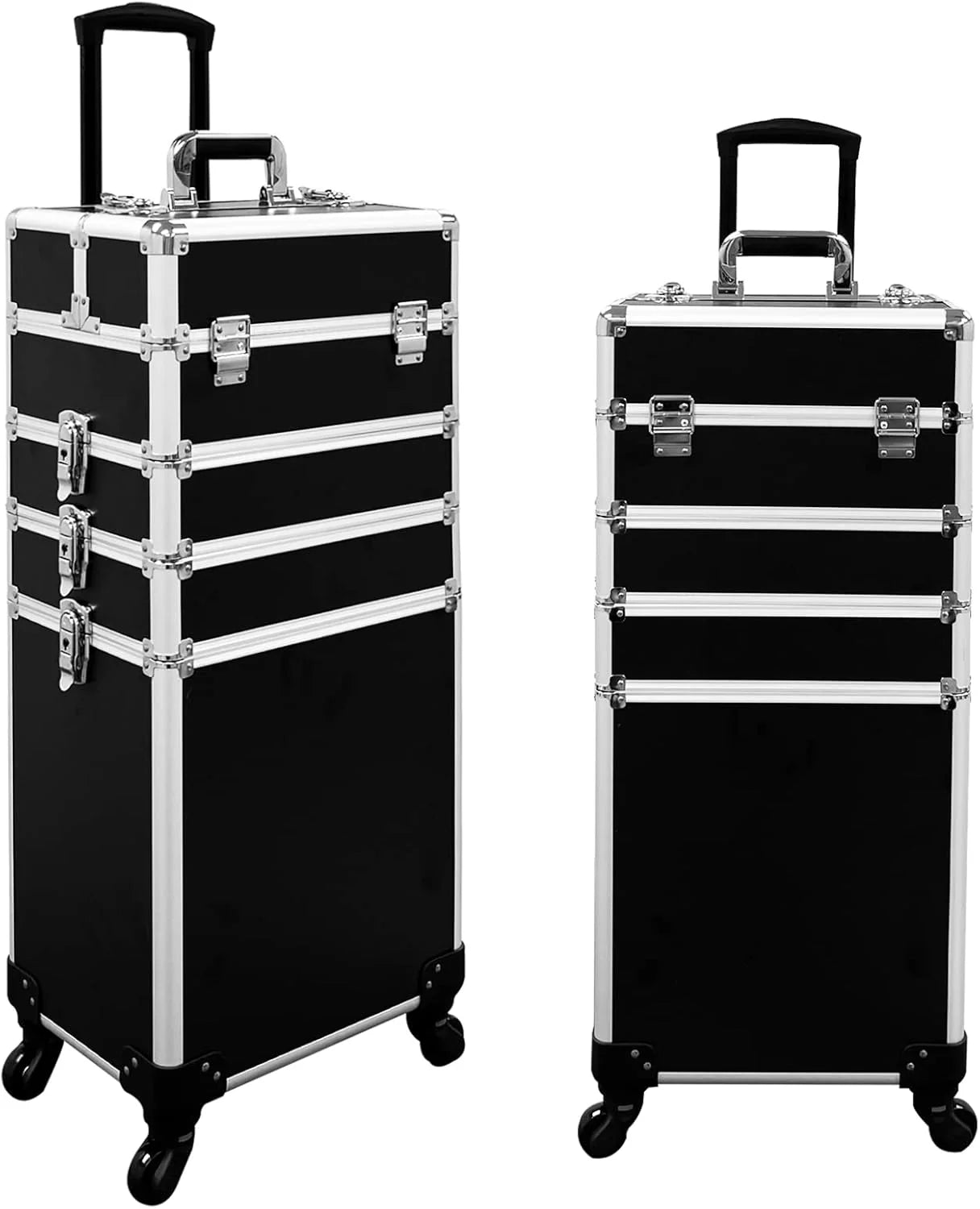 4 in 1 Professional Rolling Aluminum Cosmetic Makeup Train Organizer Storage Case Artist Train Case Salon Beauty Cosmetic Jewelry Organizer Trolley with 4 Wheels (All Black)1 pcs