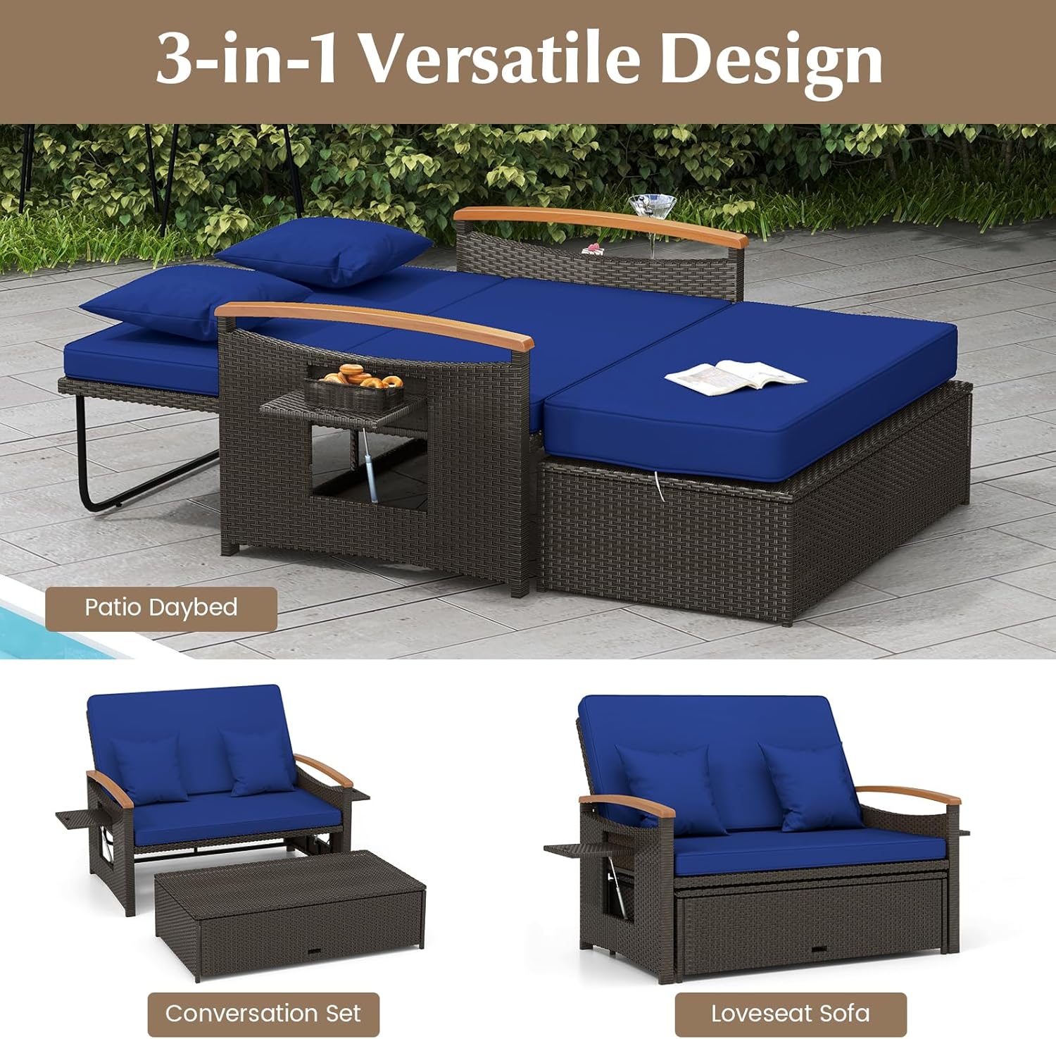 Outdoor Wicker Sofa Daybed, Rattan Loveseat with Folding Panels & Storage Ottoman, 4-Level Adjustable Backrest, Cozy Cushions Included, Sun Lounger Daybed for Backyard Porch,1 pcs