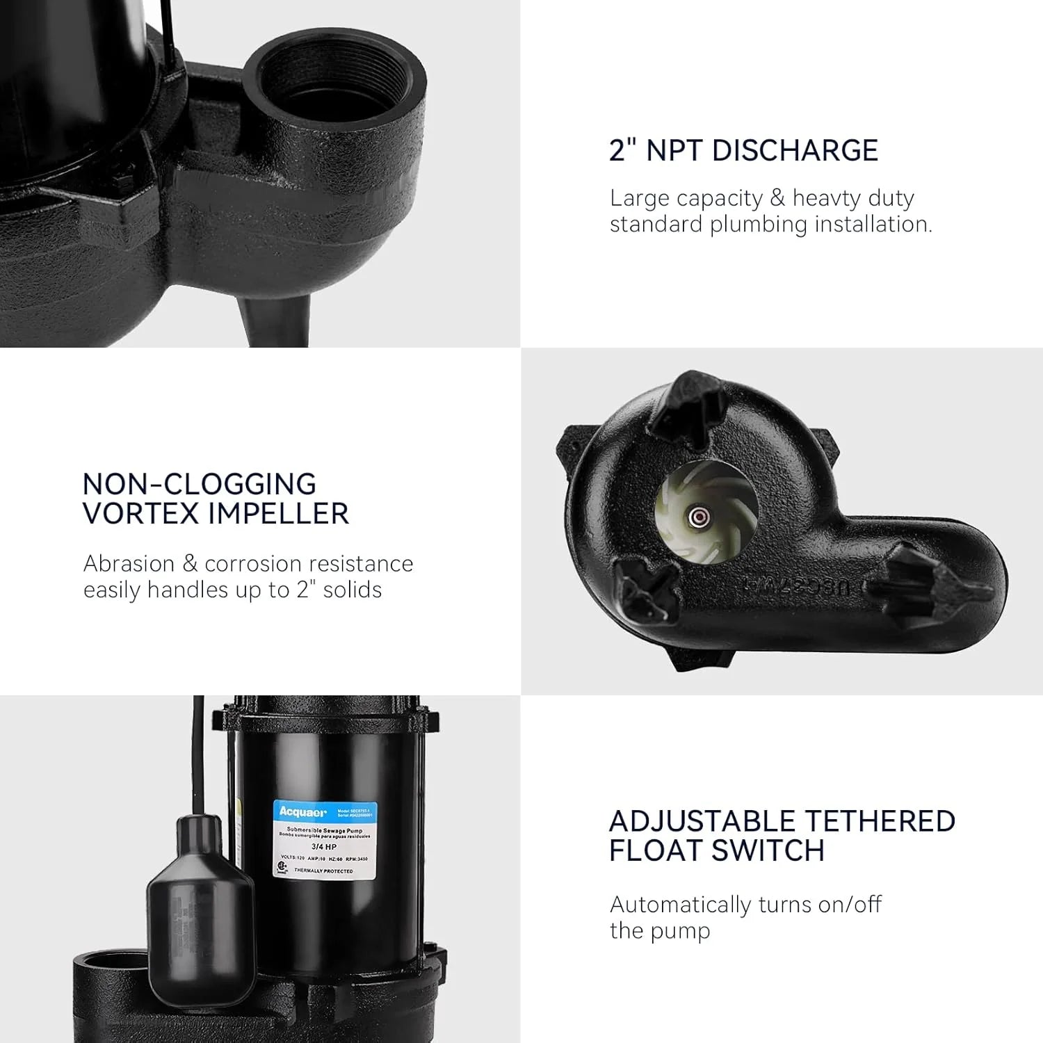 3/4 horsepower submersible sewage discharge pump, cast iron material, 115 volts, 6400 gallons per hour, automatic tethered float switch, for sewage pits, basements, and collection pits of residential sewage, 2-inch NPT outlet1 pcs