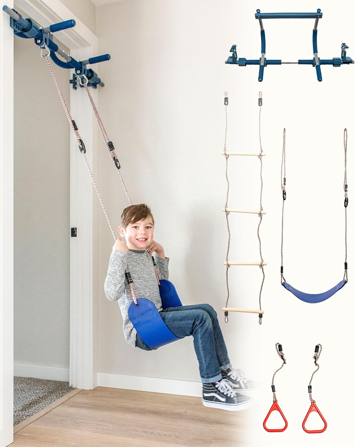 6-Piece Doorway Gym for Kids, includes Door Sensory Swing, Indoor Pull-Up Bar for Adults, Rings, Hanging Trapeze, Ladder & Knotted Rope, Holds Up to 300 Lbs