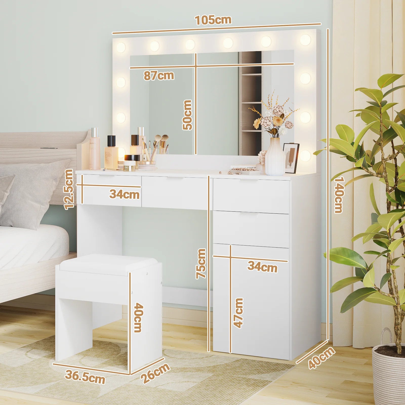 Dressing Table Stool Set 12 LED Bulbs