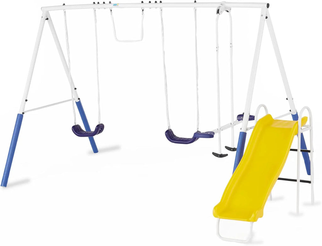 Recreation Blue Ridge Backyard Playground Set Sturdy Metal A Frame Swing with Chain Covers, Glider, Trapeze, 2 Swings, and Slide, Multicolor1 pcs