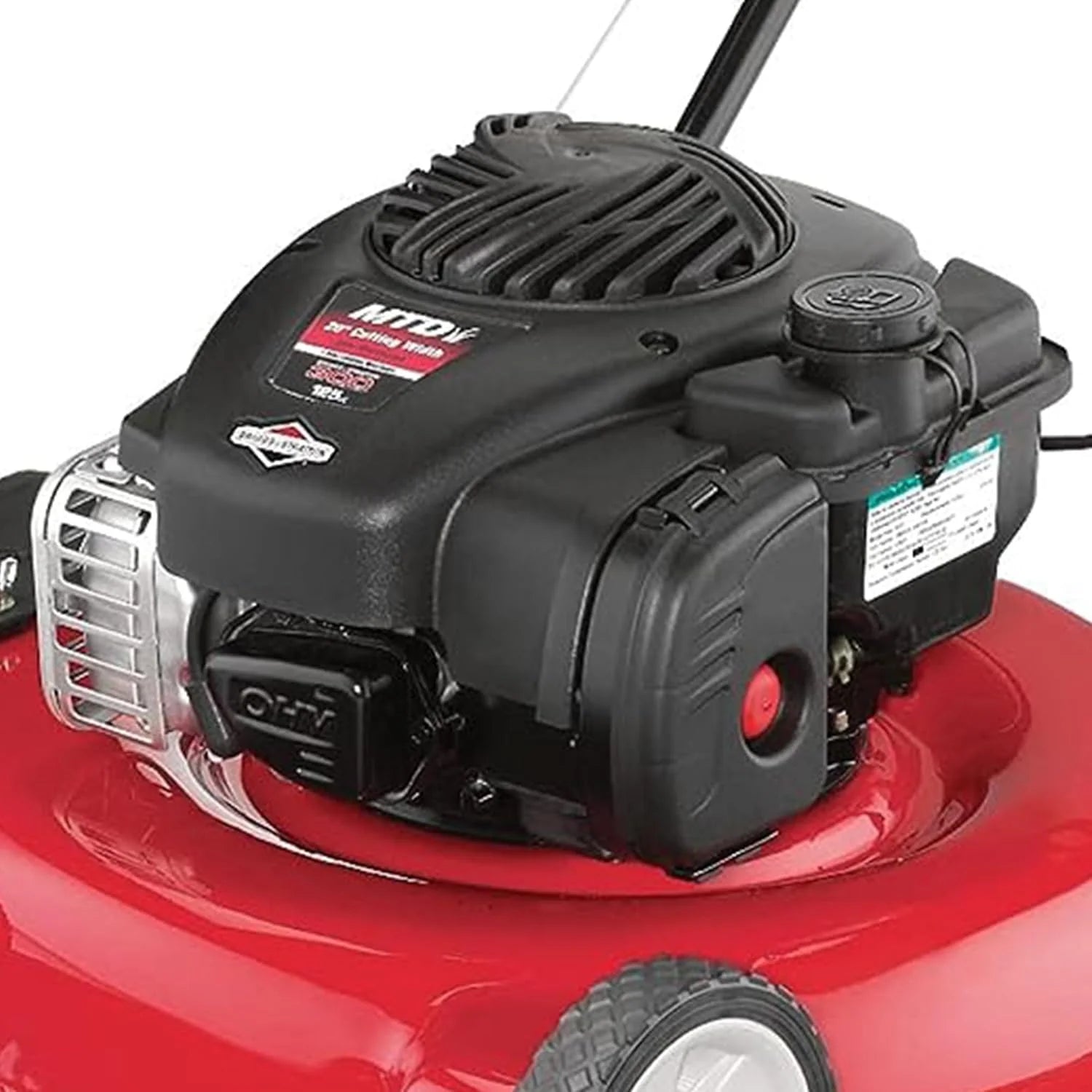 20-inch steel cutting deck, side-discharge gasoline-powered push lawn mower, with engine oil, available in red and black, suitable for outdoor yards.1 pcs